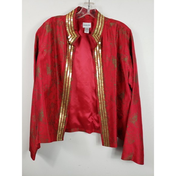 chicos artsy red gold beads open front silk ls jacket top 2 Lg - Picture 1 of 9
